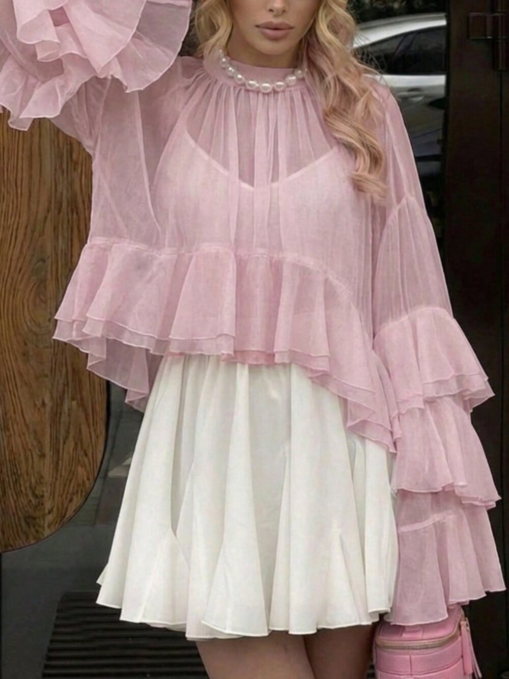 Pink Luxury Elegant Women's Chiffon Ruffle Cuff High Collar Blouse - Picture 6 of 8
